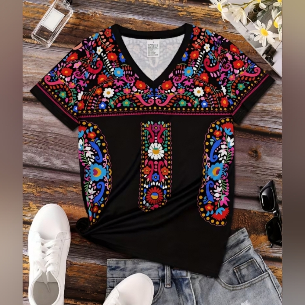 Women's Black Short Sleeve V-Neck Tee with Colorful Floral Print - Picture 4 of 5